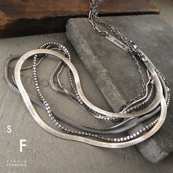 oxidized sterling silver layered necklace  • chain silver necklace  •  oxidized silver  • layered silver necklace • modern silver necklace