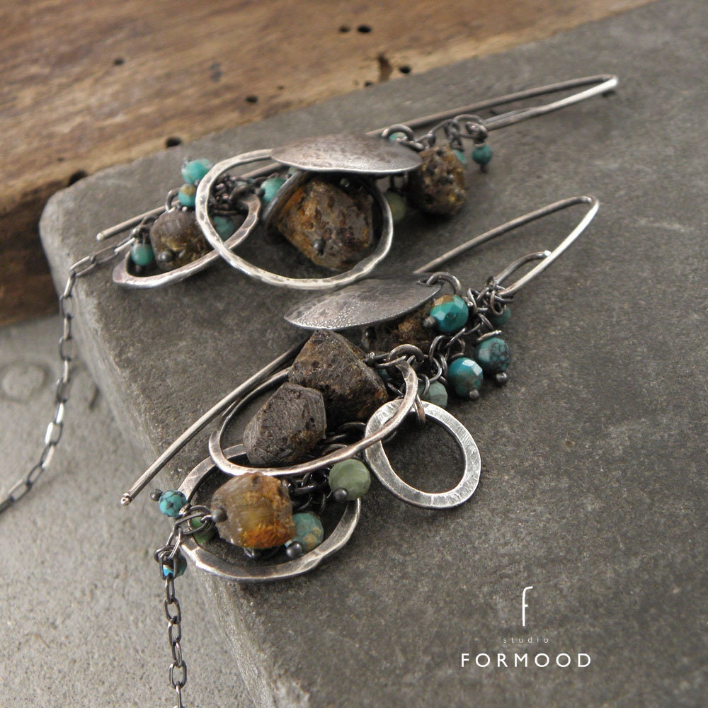 Earrings - raw baltic amber &  turquoise, oxidized sterling silver earrings - hoop, leverback or hook earwires