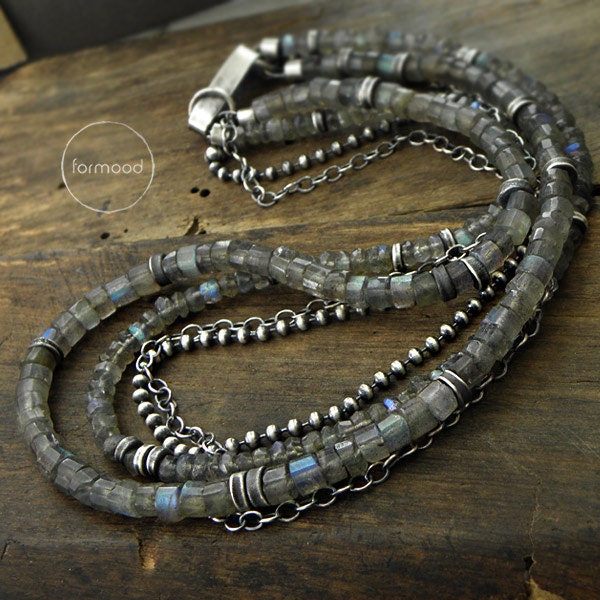 Necklace - raw sterling silver &  labradorite , layered necklace