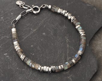 Oxidized Sterling Silver & Labradorite Bracelet, Handmade Artisan Jewelry Gift for Her