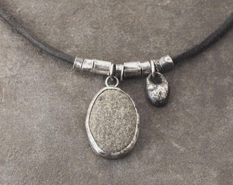 Beach Stone, oxidized sterling silver and Leather Necklace,  Everyday Jewelry, Gift for Her