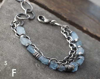 Form24 -Sterling Silver and Raw Blue Aquamarine Bracelet - Oxidized Sterling Silver - Unisex Bracelet