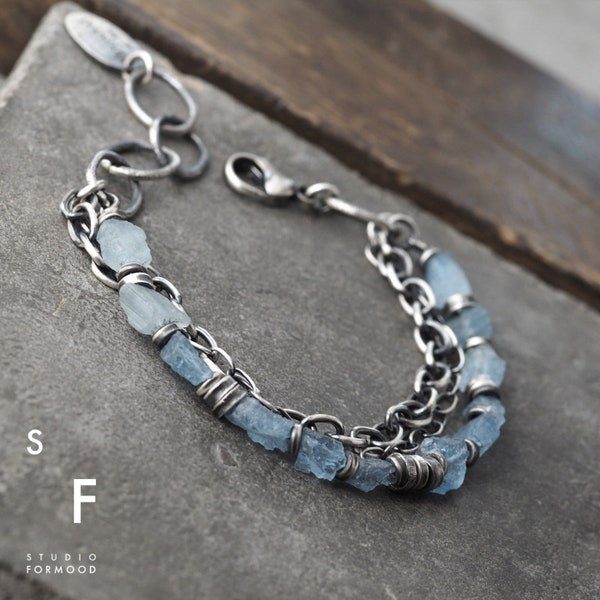 Form24 - Bracelet en argent sterling et aigue-marine bleue brute - Argent sterling oxydé - Bracelet unisexe