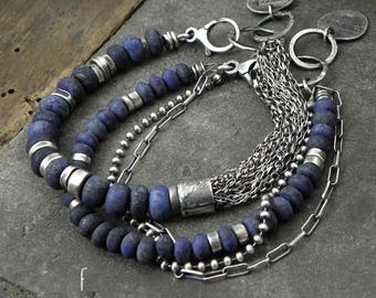 2 Bracelets set - oxidized sterling silver and lapis lazuli - sterling silver and lapis lazuli set, sterling silver bracelet