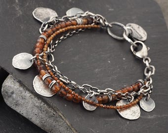 Oxidized Sterling Silver Hessonite Bracelet, Handmade Charms, Boho Jewelry