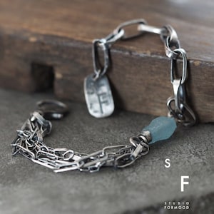 Blue Aquamarine and oxidized sterling silver - bracelet, modern raw oxidized silver bracelet - studioformood, chain bracelet