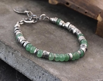 Pulsera de plata de ley oxidada y aventurina verde, joyería para el día a día, regalo para ella.