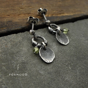 Small earrings, raw sterling silver and peridot stud earrings, oxidized silver, delicate stud earrings,