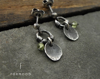 Small earrings, raw sterling silver and peridot, carnelian, coral or aquamarine stud earrings, oxidized silver, delicate stud earrings,