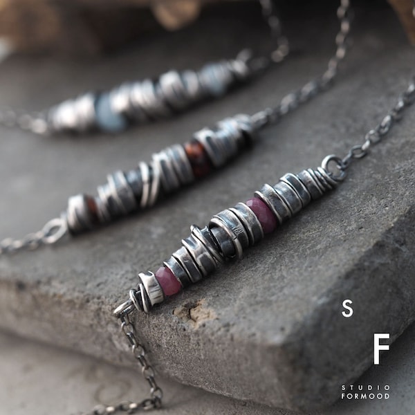 Sterling silver & ruby or sapphire - delicate necklace, oxidized raw sterling silver necklace, Everyday Necklace