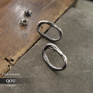 oval hoops - earrings, raw sterling silver stud earrings, oxidized silver,