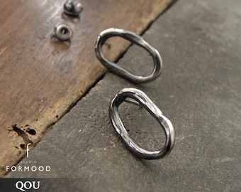 oval hoops - earrings, raw sterling silver stud earrings, oxidized silver,