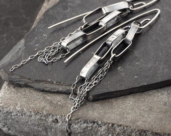 Long Oxidized Handmade Chain Earrings, Sterling Silver Artisan Dangle Earrings