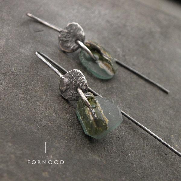 Earrings - raw sterling silver and roman glass, oxidized silver earrings, ancient glass earrings