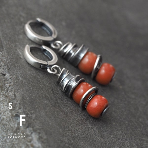 oxidized sterling silver & orange coral- earrings