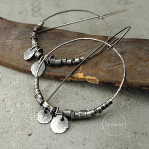 Earrings, raw sterling silver, hoop earrings, oxidized raw earrings