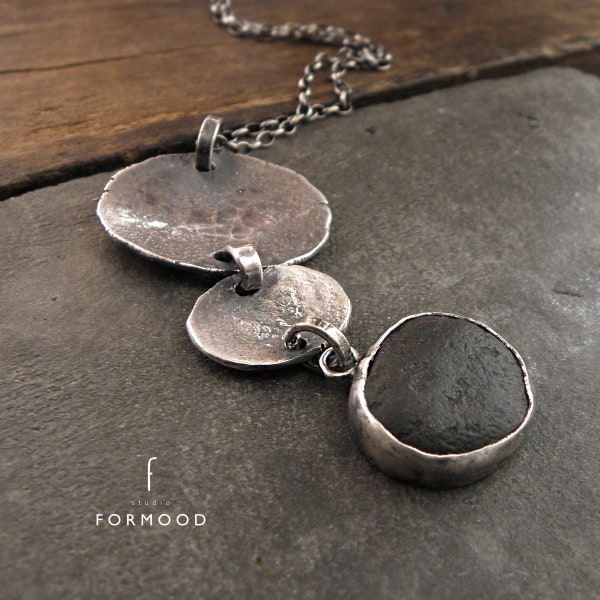 Beach stone - necklace, oxidized sterling silver necklace, raw sterling silver, beach stone pendant