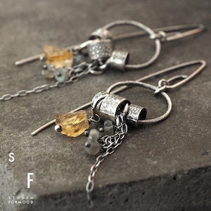 Citrine, labradorite and raw oidized sterling silver -  hoop earrings, oxidized raw earrings