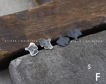 Dainty sterling silver earrings, artisan oxidized stud earrings, ginkgo biloba leaf - greenFORM