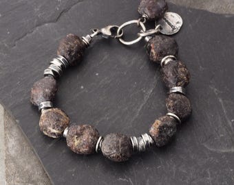 Oxidized Sterling Silver and Raw Garnet Bracelet, Handmade  Artisan Jewelry Gift