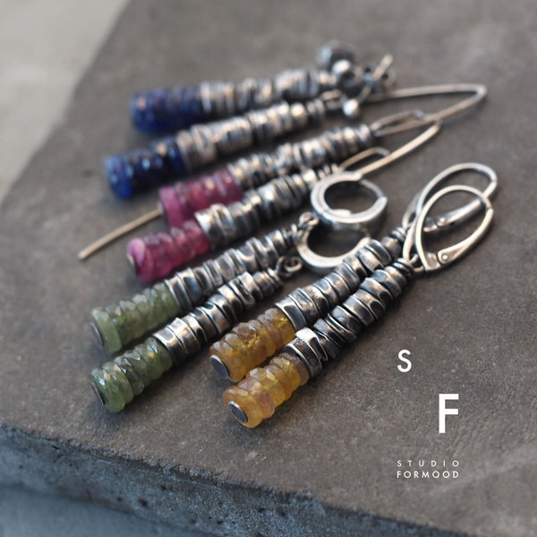 Boucles d'oreilles saphir - Boucles d'oreilles en argent sterling et saphirs multicolores