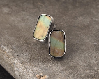 Labradorite Stud Earrings, Oxidized Sterling Silver Handmade Minimalist Raw Stone Jewelry, Gift for Her