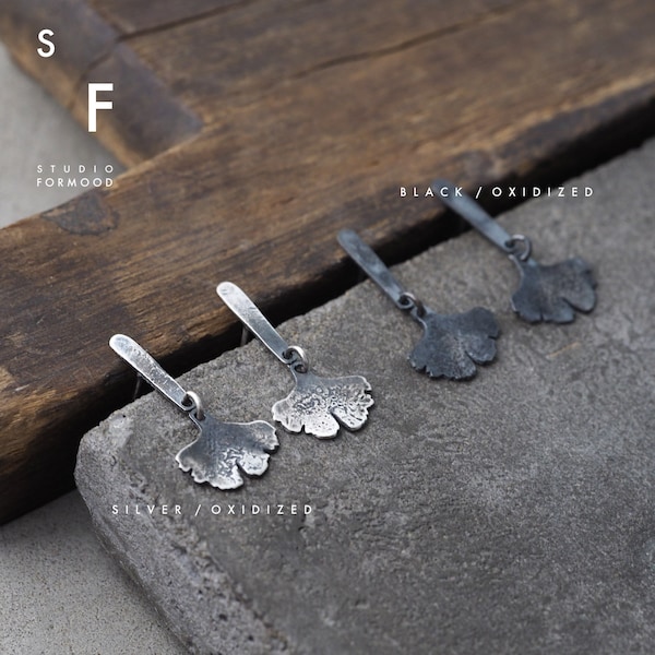 greenFORM - oxidized sterling silver ginkgo biloba leaf   -  stud earrings 2