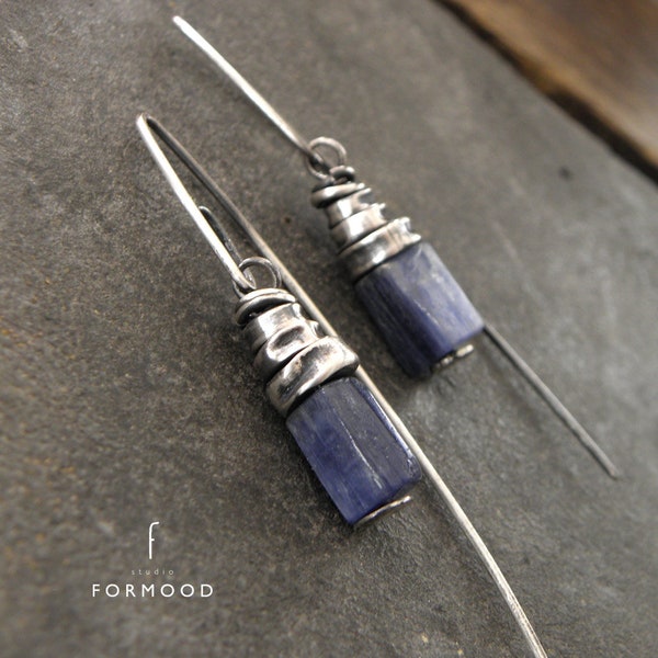 kyanite and oxidized silver - earrings, raw sterling silver earrings and kyanite