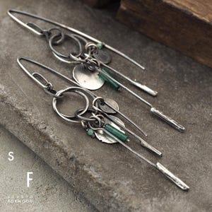 Aventurine, emerald and raw oxidized sterling silver -  hoop earrings, oxidized raw earrings