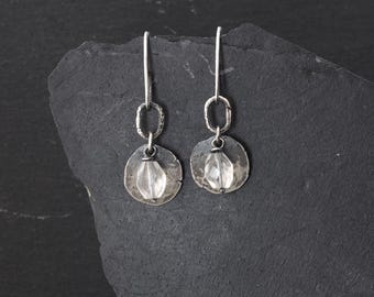 Oxidized Sterling Silver Rock Crystal Earrings, Handmade Disc Dangles, Boho Jewelry