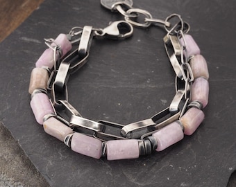 Oxidized Sterling Silver & Pink Kunzite Bracelet Handmade Artisan Jewelry Gift