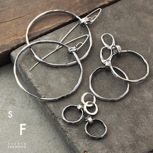 Earrings - oxidized sterling silver  - modern hoops silver earrings