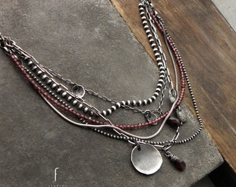 Garnet necklace - oxidized sterling silver and garnet, layered garnet necklace