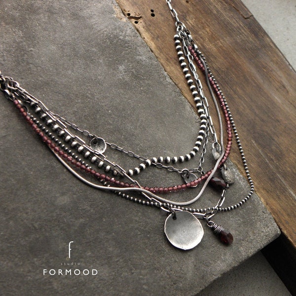 Garnet necklace - oxidized sterling silver and garnet, layered garnet necklace