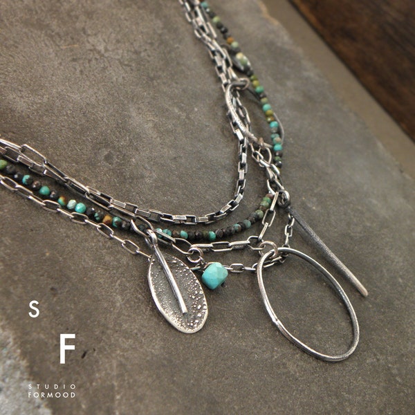 Turquoise necklace - oxidized sterling silver and Turquoise layered necklace