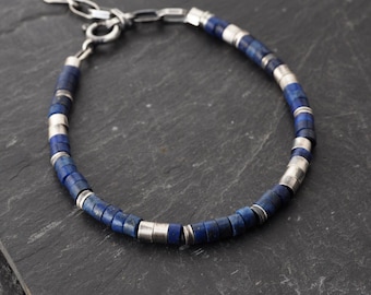 Oxidized Sterling Silver & Blue Lapis Lazuli Heishi Bracelet, Handmade Artisan Jewelry Gift for Her