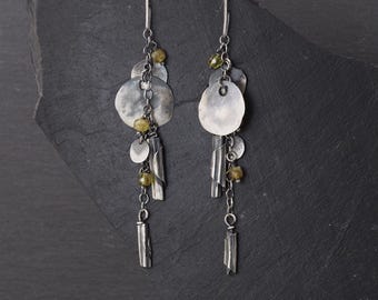 Oxidized Sterling Silver Long Earrings with Natural Gemstones, Handmade Jewelry