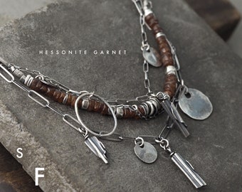 Layered necklace - oxidized sterling silver, opal, garnet, labradorite