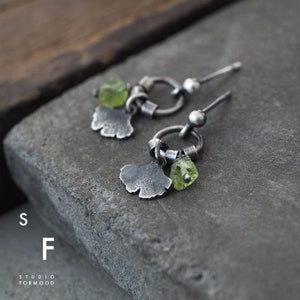 Oxidized Sterling Silver Ginkgo Leaf Earrings with Raw Peridot
