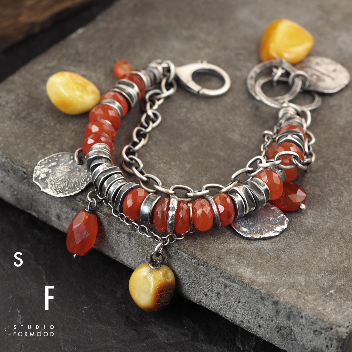 Carnelian, Baltic Amber and Sterling Silver Bracelet - oxidized sterling silver Bracelet, One of a kind jewelry
