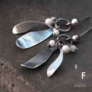 Oxidized Sterling Silver Mistletoe Leaf Earrings – Handmade White Coral & Moonstone