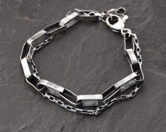 Oxidized Sterling Silver Layered Chain Bracelet Handmade Unisex Artisan Jewelry Gift