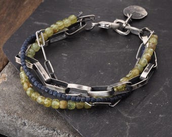 Oxidized Sterling Silver & Green Garnet, Sapphire Handmade Artisan Jewelry Gift