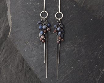 Long Oxidized Sapphire Earrings, Sterling Silver Artisan Dangle Earrings