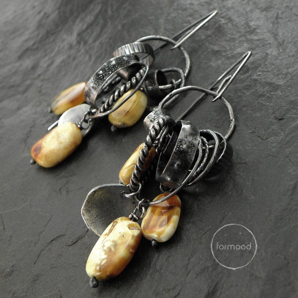 Earrings - raw sterling silver and Baltic amber - hoop, hook, clip on earwires