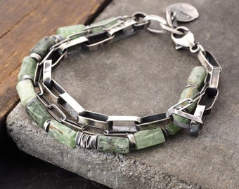 Oxidized Sterling Silver & Green Kyanite Bracelet Handmade  Artisan Jewelry Gift