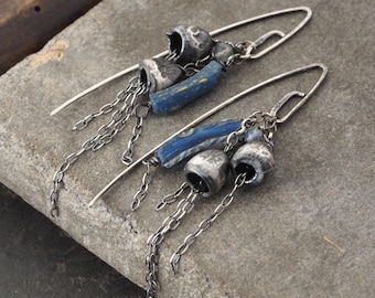 Oxidized Sterling Silver Dangle Earrings with Ancient Roman Glass, Labradorite