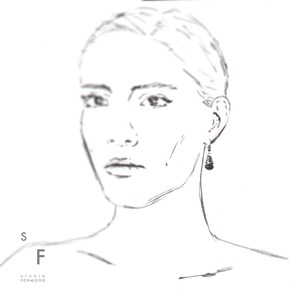 May include: A line drawing of a person wearing a pair of dangling earrings with a black stone at the bottom.