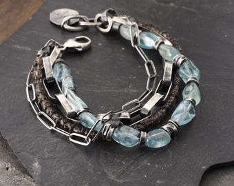 Oxidized Sterling Silver  Aquamarine & Smoky QuartzBracelet Handmade  Artisan Jewelry Gift