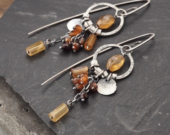 Oxidized Silver and Hessonite Earrings,